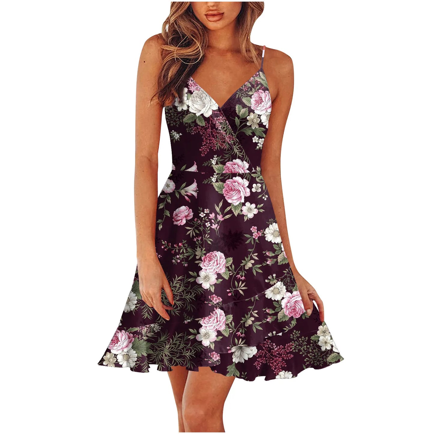 Floral V-Neck Spaghetti Strap Mini Dress with Ruffle Hem