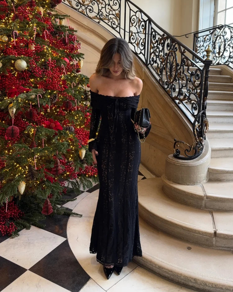 Off-the-Shoulder Lace Bell-Sleeve Maxi Dress