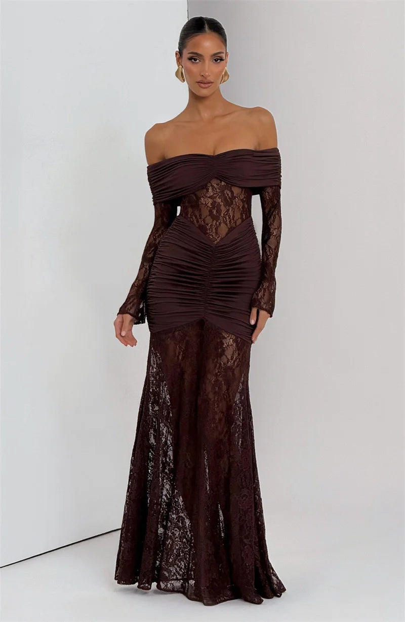 Lace & Ruched Off-The-Shoulder Evening Gown