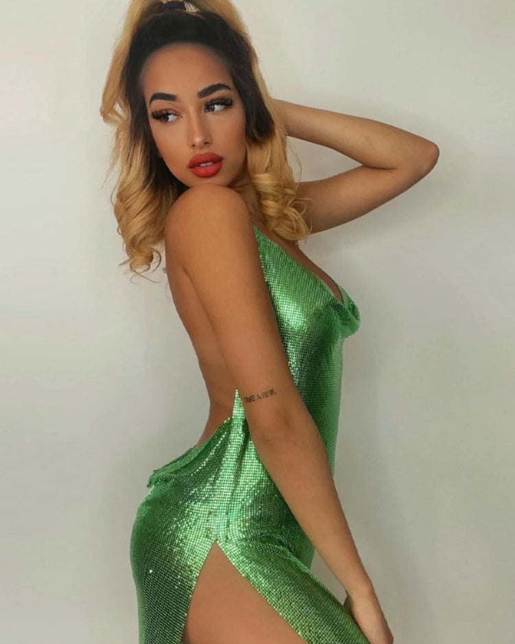 Metallic Chainmail Look Halter Mini Dress