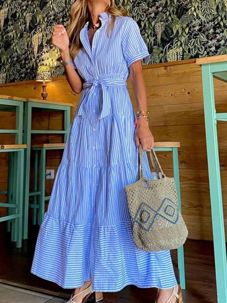 Coastal Striped Maxi Shirt Dress – Breezy Tiered Summer Sundress