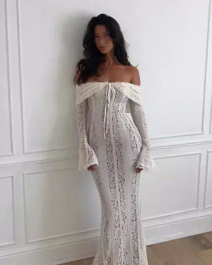 Off-the-Shoulder Lace Bell-Sleeve Maxi Dress