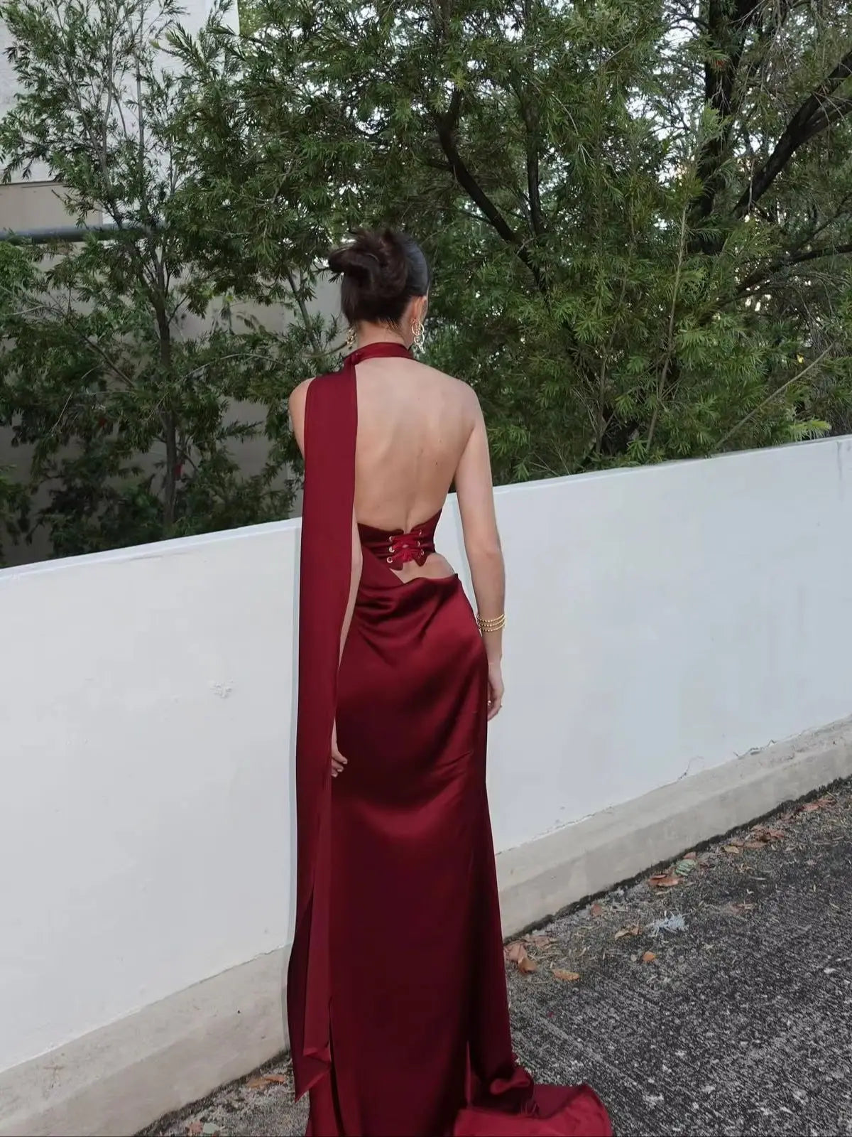 High-Neck Satin Backless Gown with Scarf Detail