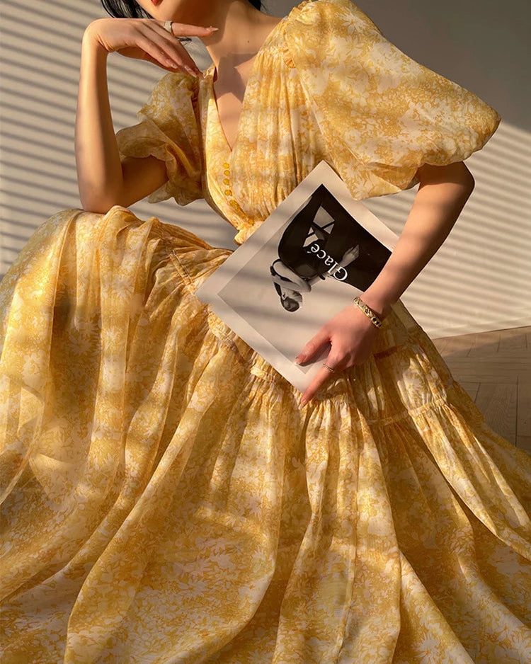 Golden Hour Floral Maxi Dress – Elegant Puff Sleeve Tiered Garden Dress