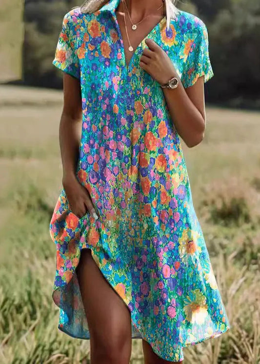 Vintage Print V-Neck Shift Dress