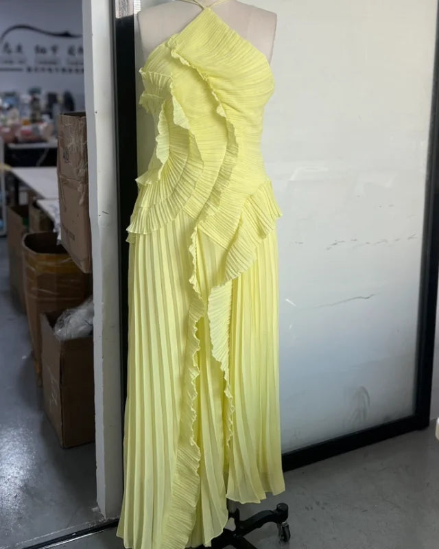 Pleated Ruffle Halter Gown
