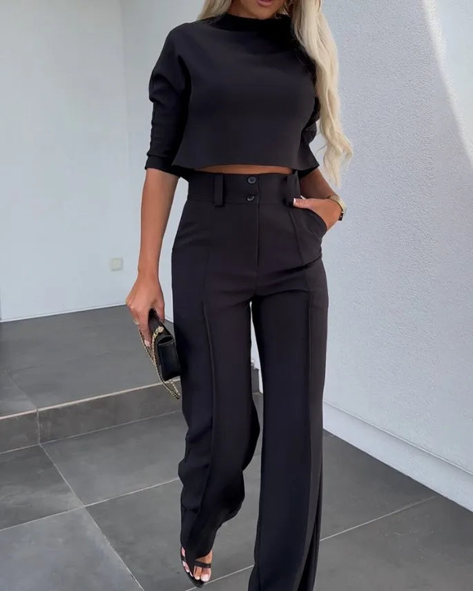Two-Piece Tailored Crop Top & Wide-Leg Pant Set