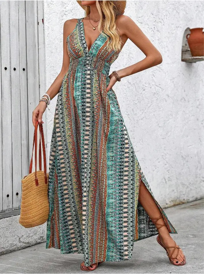 Tribal Print V-Neck Slit Maxi Dress