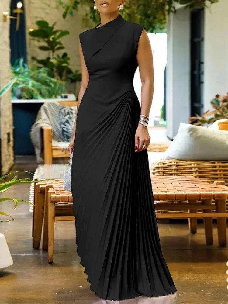 Elegant Asymmetric Pleated Maxi Dress