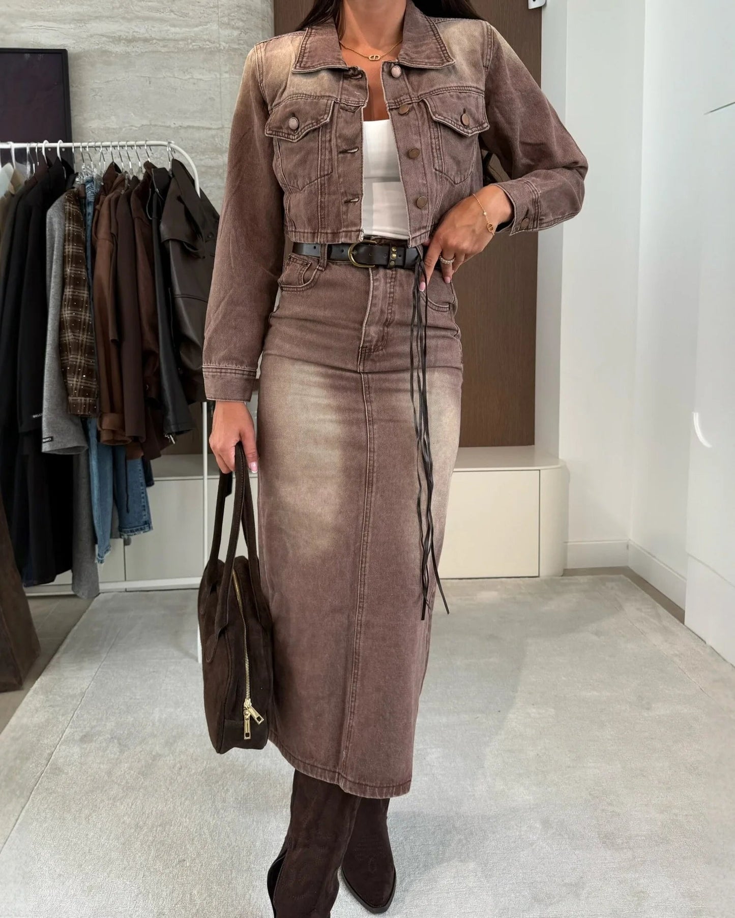 Brown Acid-Wash Denim Midi Set