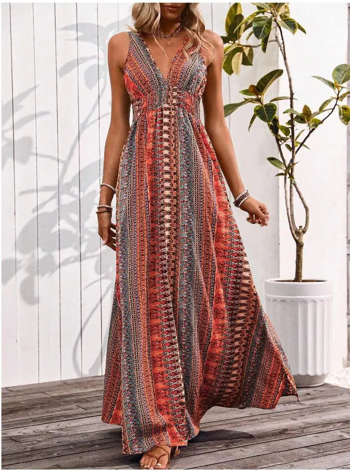 Tribal Print V-Neck Slit Maxi Dress