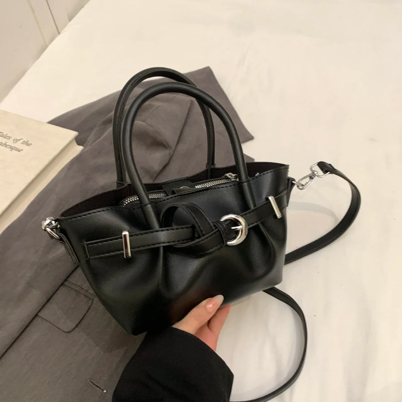 Minimalist Belted Vegan Leather Tote – Chic Top-Handle Mini Bag