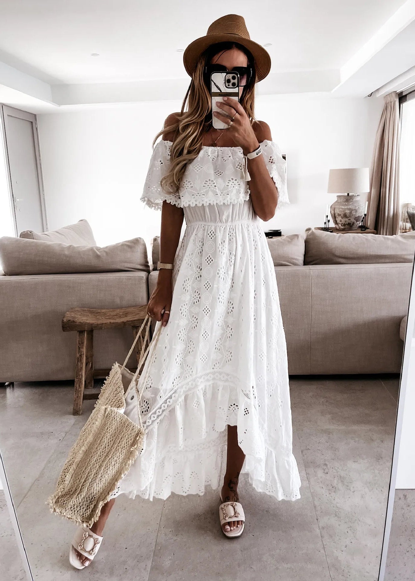 Eyelet Embroidery Off-Shoulder Maxi Dress