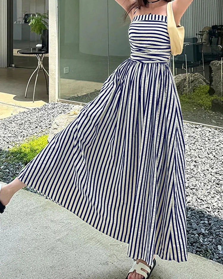 Riviera Striped Maxi Dress – Nautical Camisole Sundress with Ruffle Hem