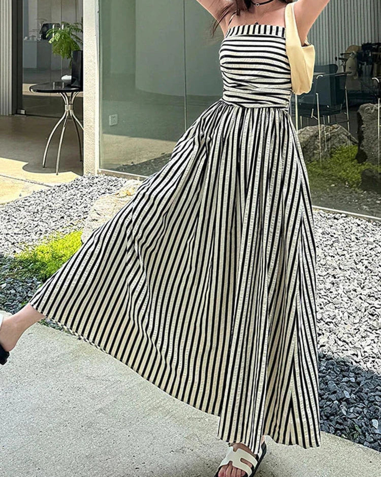 Riviera Striped Maxi Dress – Nautical Camisole Sundress with Ruffle Hem