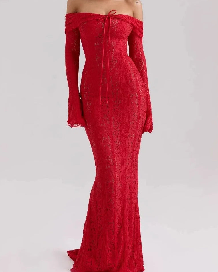 Off-the-Shoulder Lace Bell-Sleeve Maxi Dress