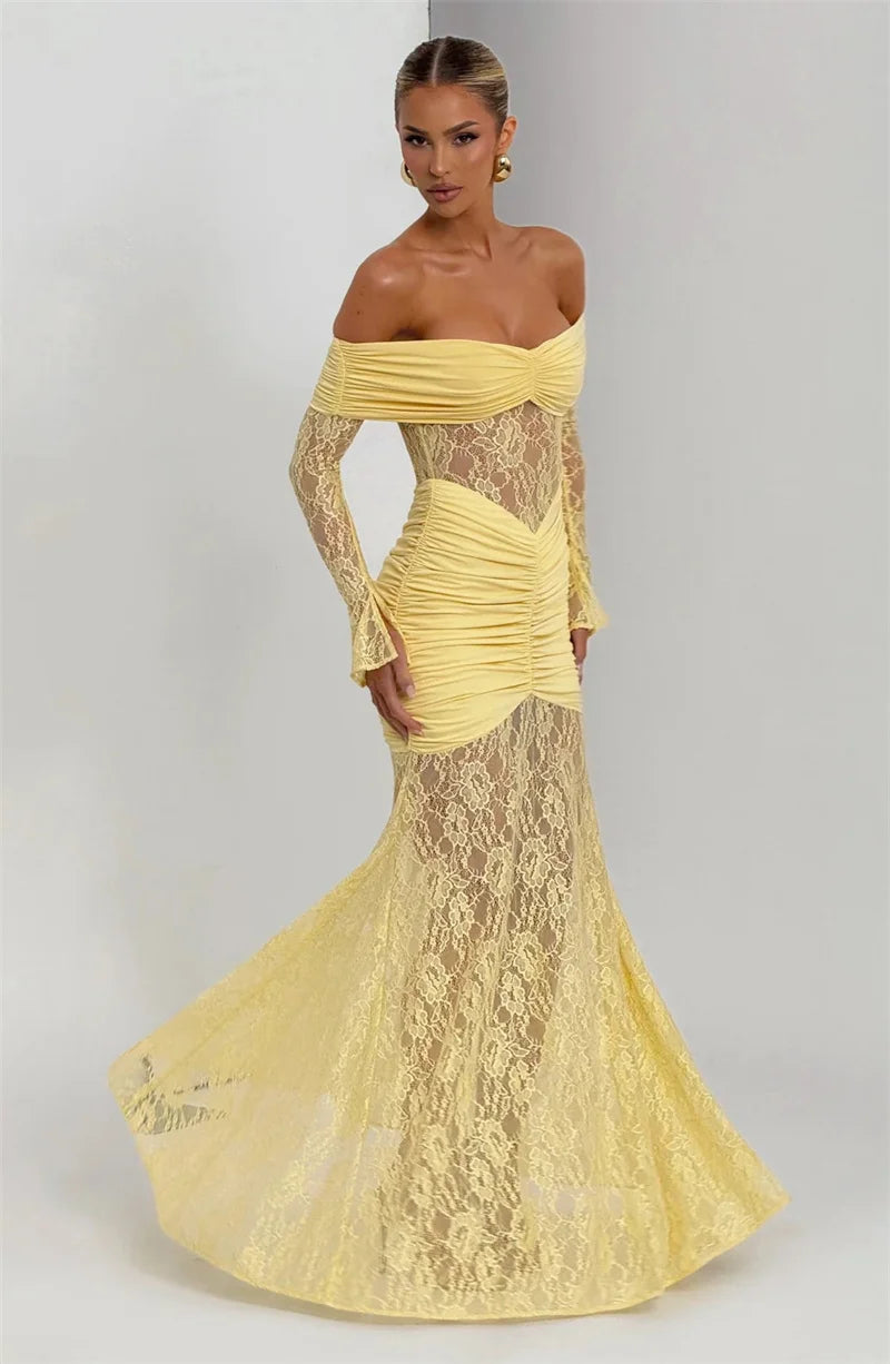 Lace & Ruched Off-The-Shoulder Evening Gown