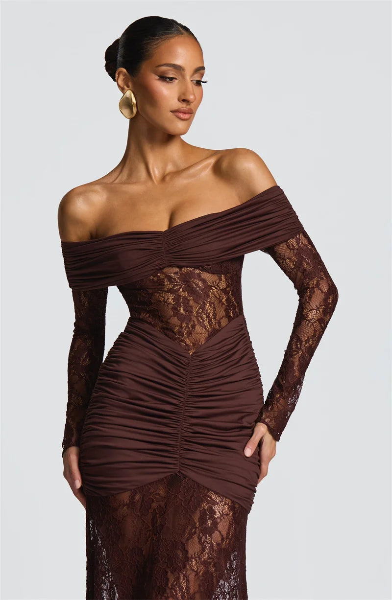 Lace & Ruched Off-The-Shoulder Evening Gown