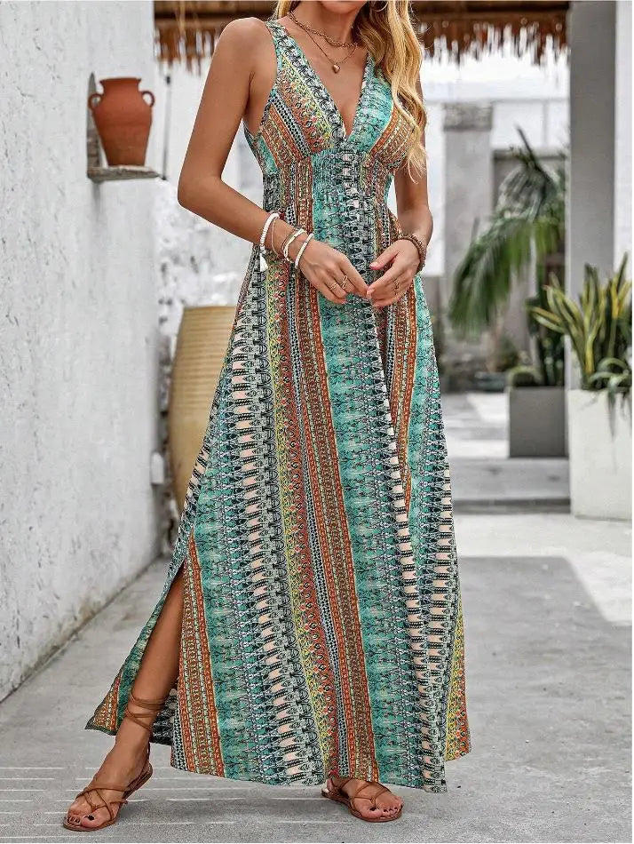 Tribal Print V-Neck Slit Maxi Dress