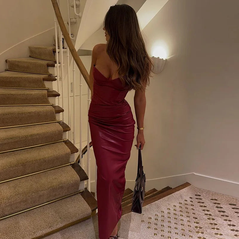 Strapless Faux Leather Corset Maxi Dress