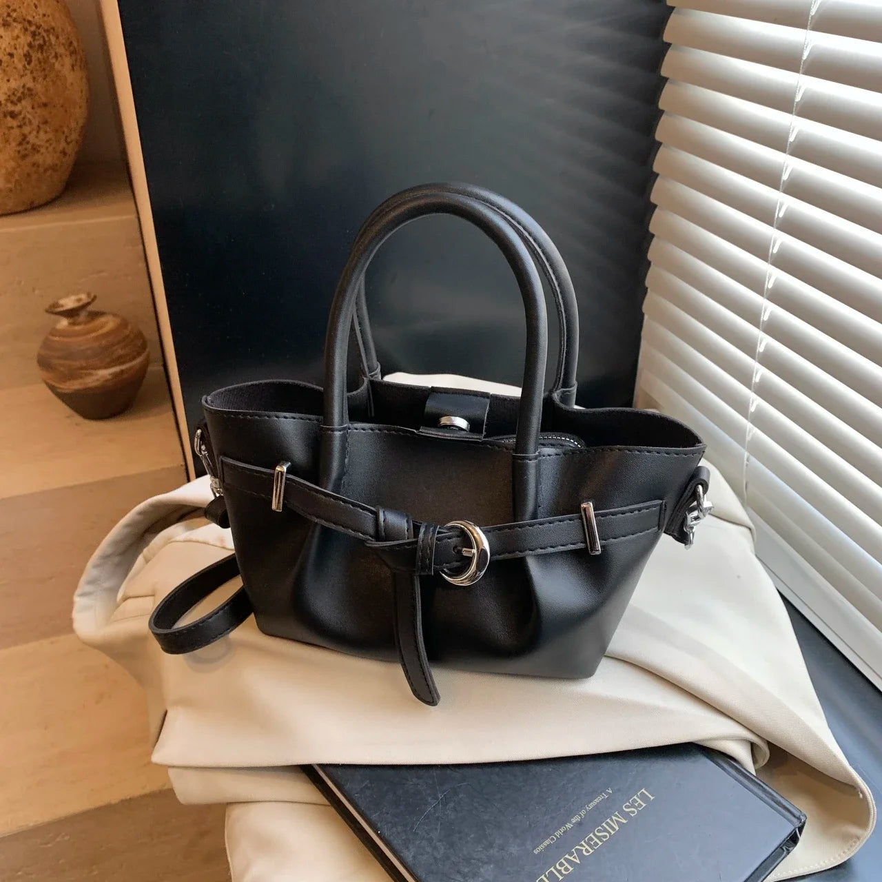 Minimalist Belted Vegan Leather Tote – Chic Top-Handle Mini Bag