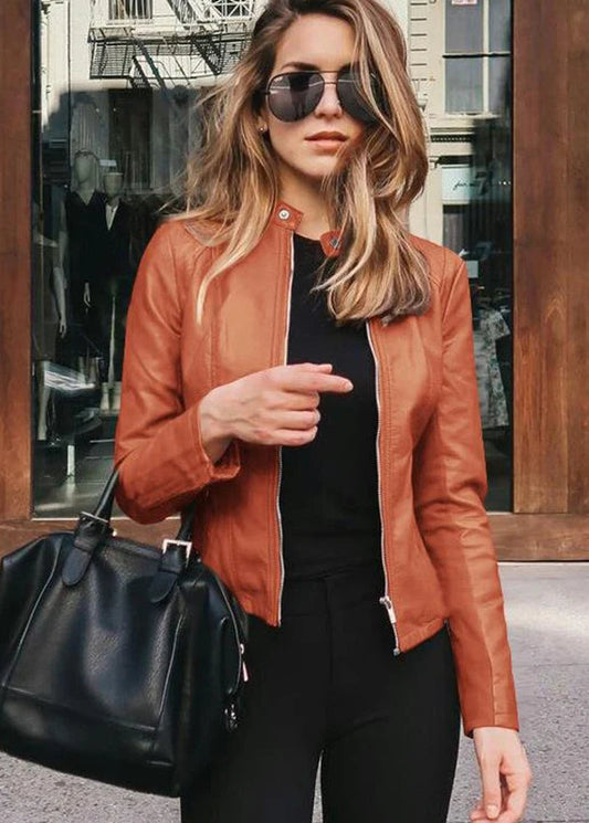 Classic Cognac Faux-Leather Moto Jacket