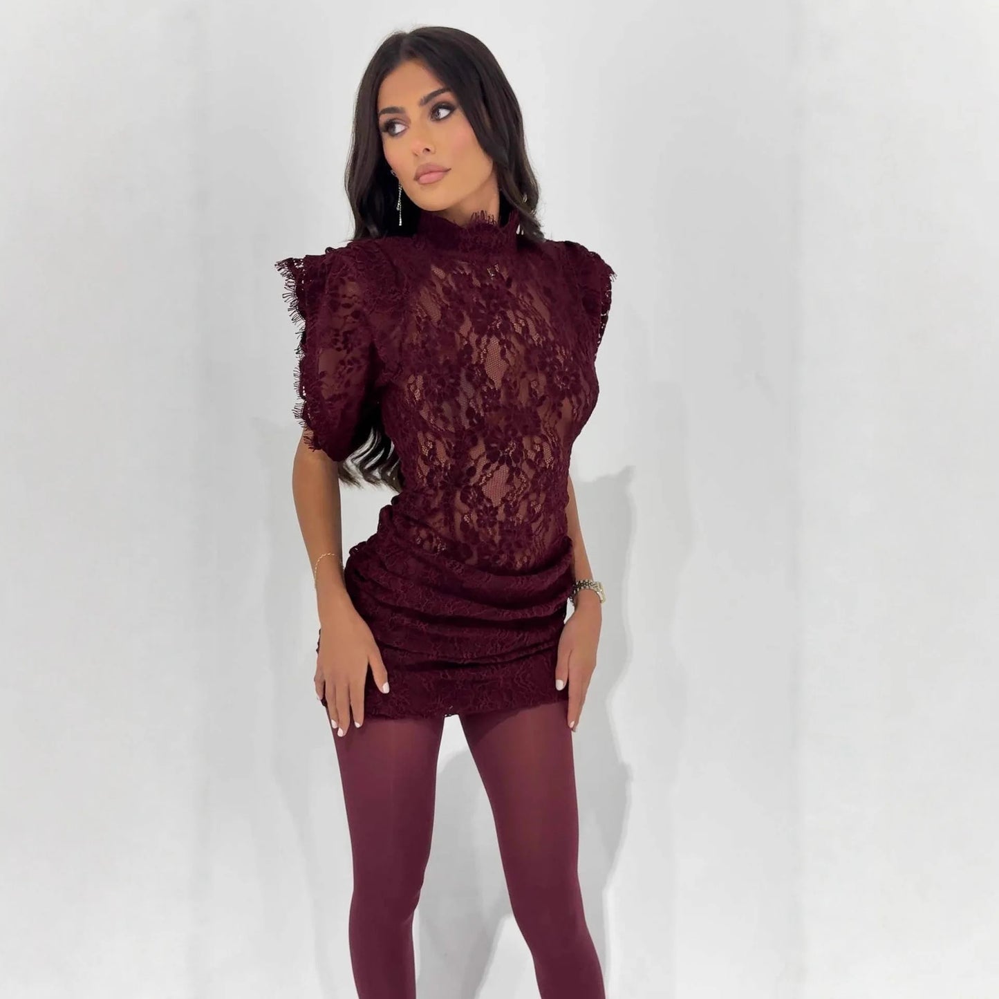 Elegant Lace Retro Half High Collar Sleeveless Slim Wrap Fashion Dress