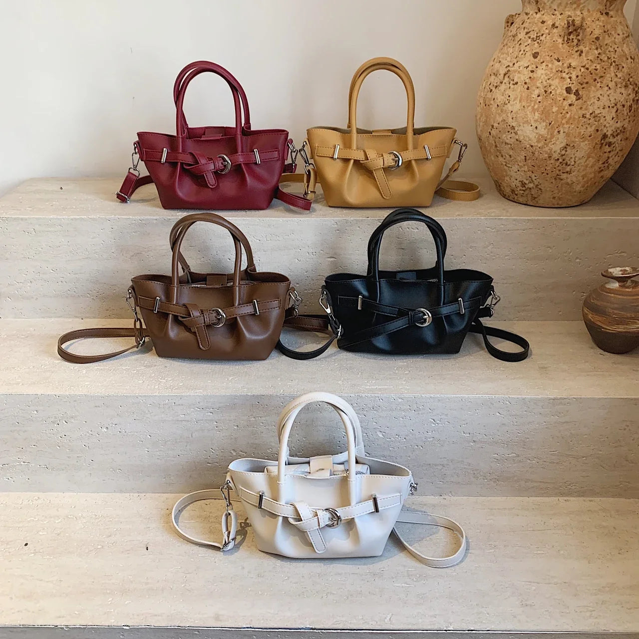 Minimalist Belted Vegan Leather Tote – Chic Top-Handle Mini Bag