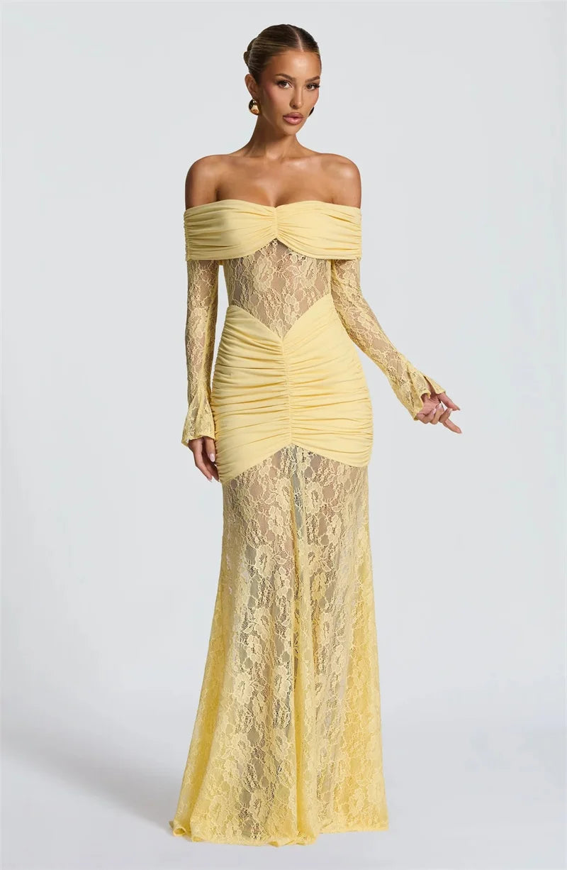 Lace & Ruched Off-The-Shoulder Evening Gown