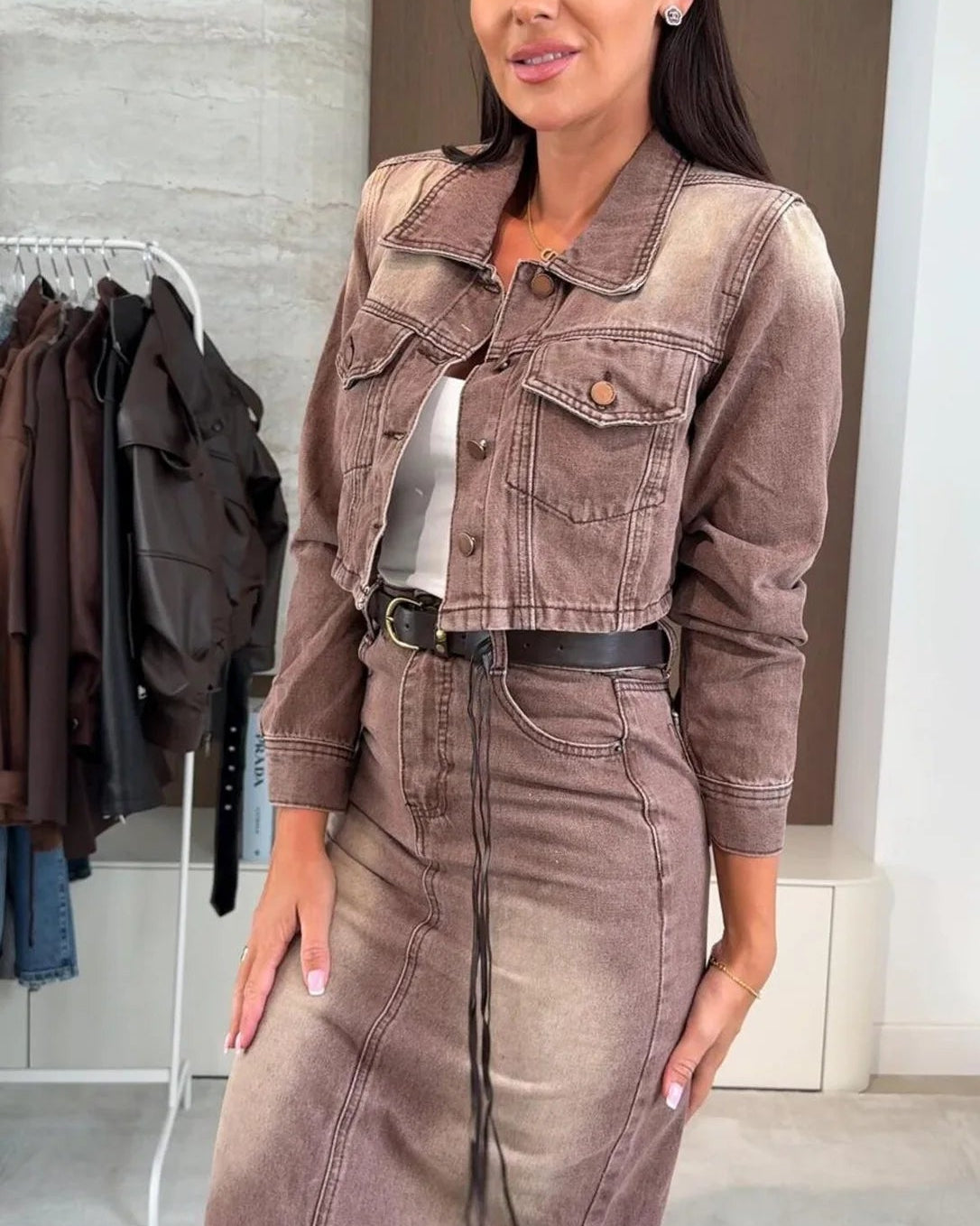 Brown Acid-Wash Denim Midi Set