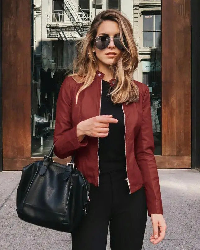 Classic Cognac Faux-Leather Moto Jacket