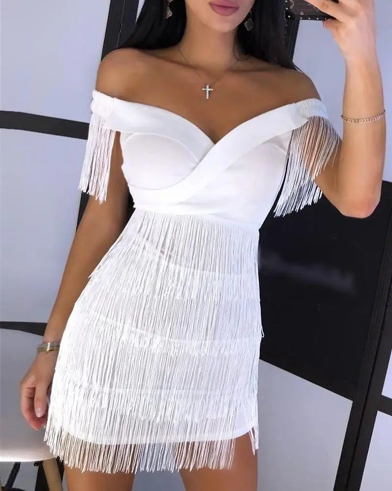 Off-The-Shoulder Tassel Fringe Party Mini Dress