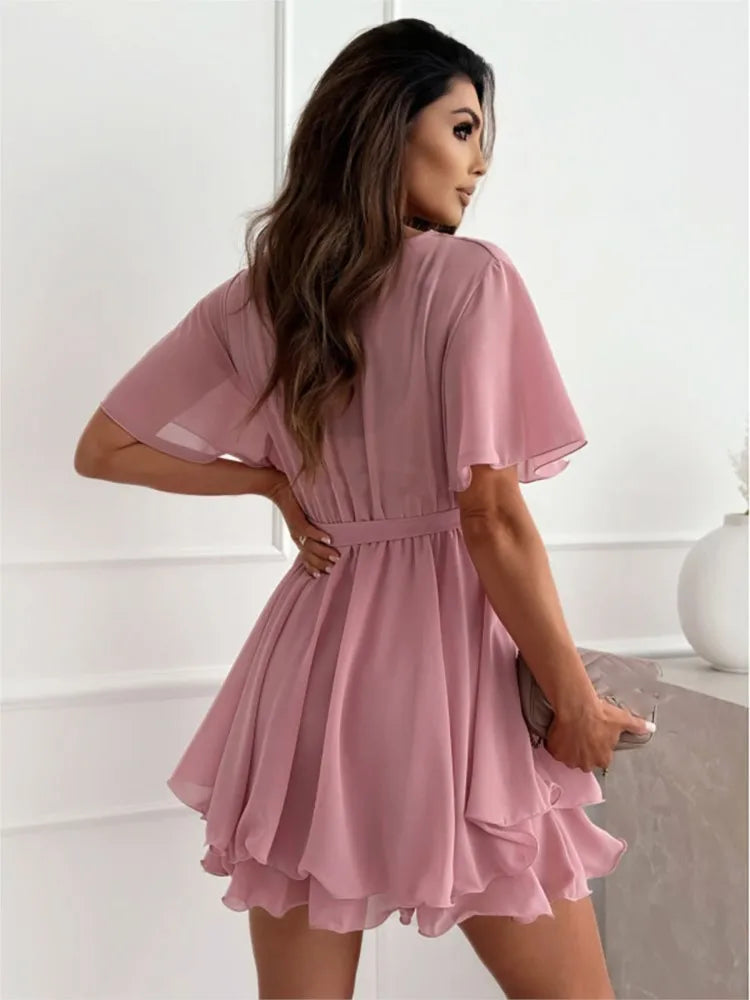 Flowy V-Neck Chiffon Mini Dress with Flutter Sleeves
