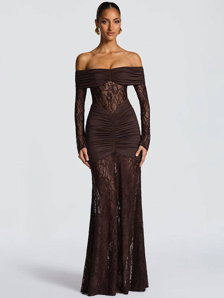 Lace & Ruched Off-The-Shoulder Evening Gown