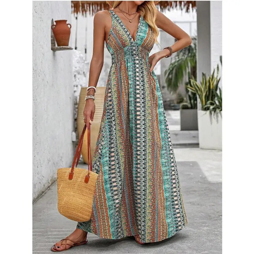 Tribal Print V-Neck Slit Maxi Dress