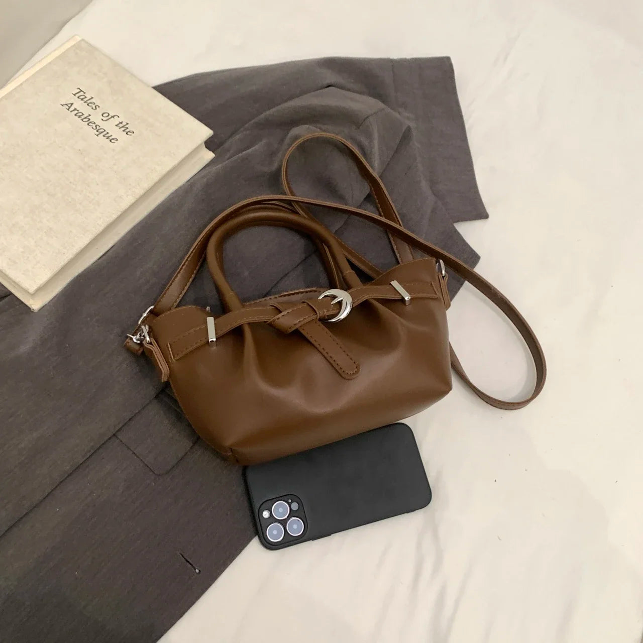 Minimalist Belted Vegan Leather Tote – Chic Top-Handle Mini Bag