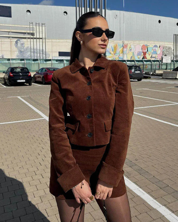 Vintage-Inspired Corduroy Jacket & Mini Skirt Set