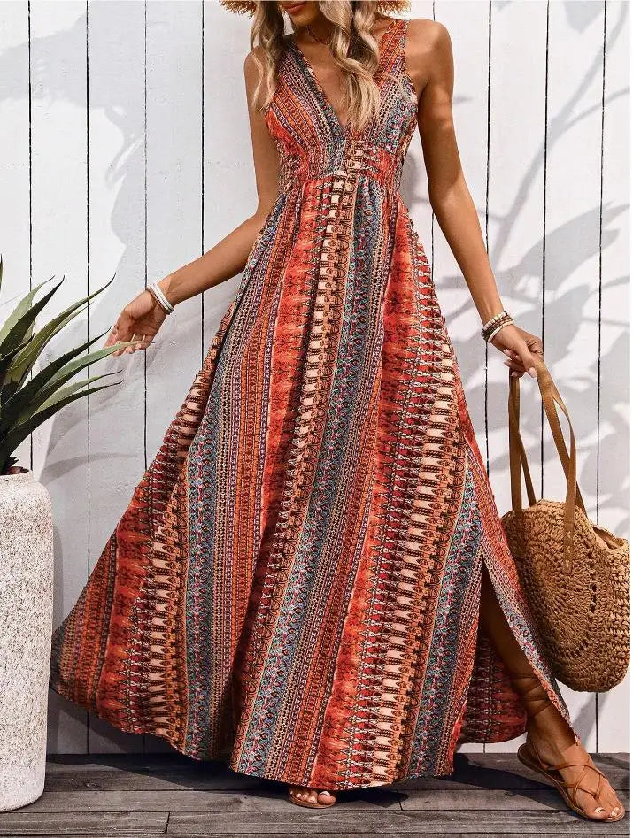 Tribal Print V-Neck Slit Maxi Dress