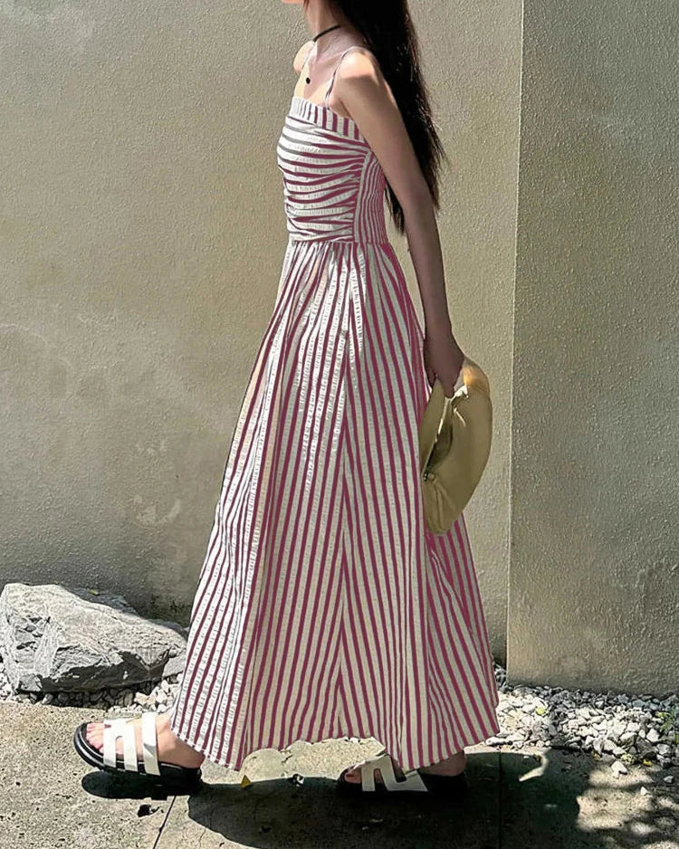 Riviera Striped Maxi Dress – Nautical Camisole Sundress with Ruffle Hem