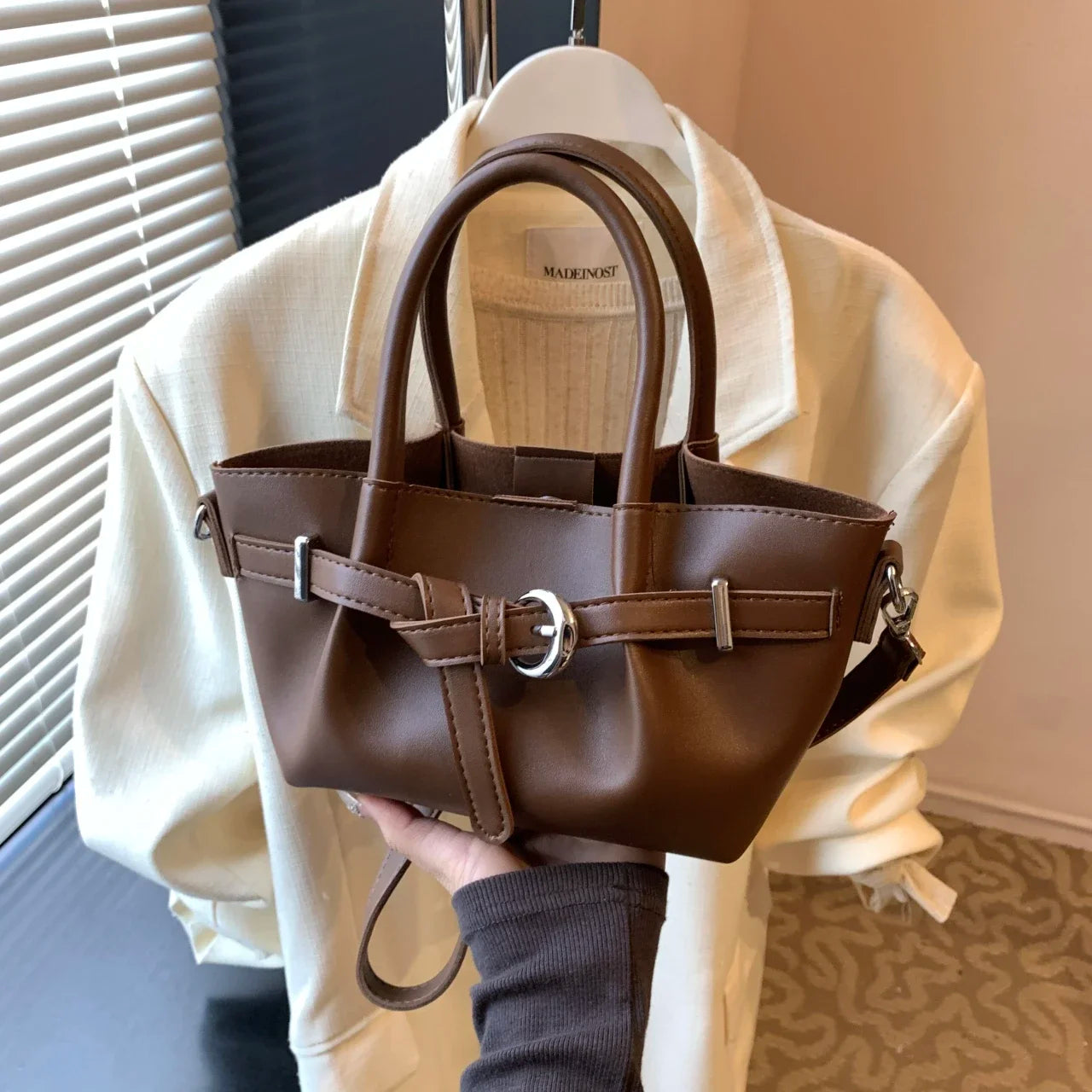 Minimalist Belted Vegan Leather Tote – Chic Top-Handle Mini Bag
