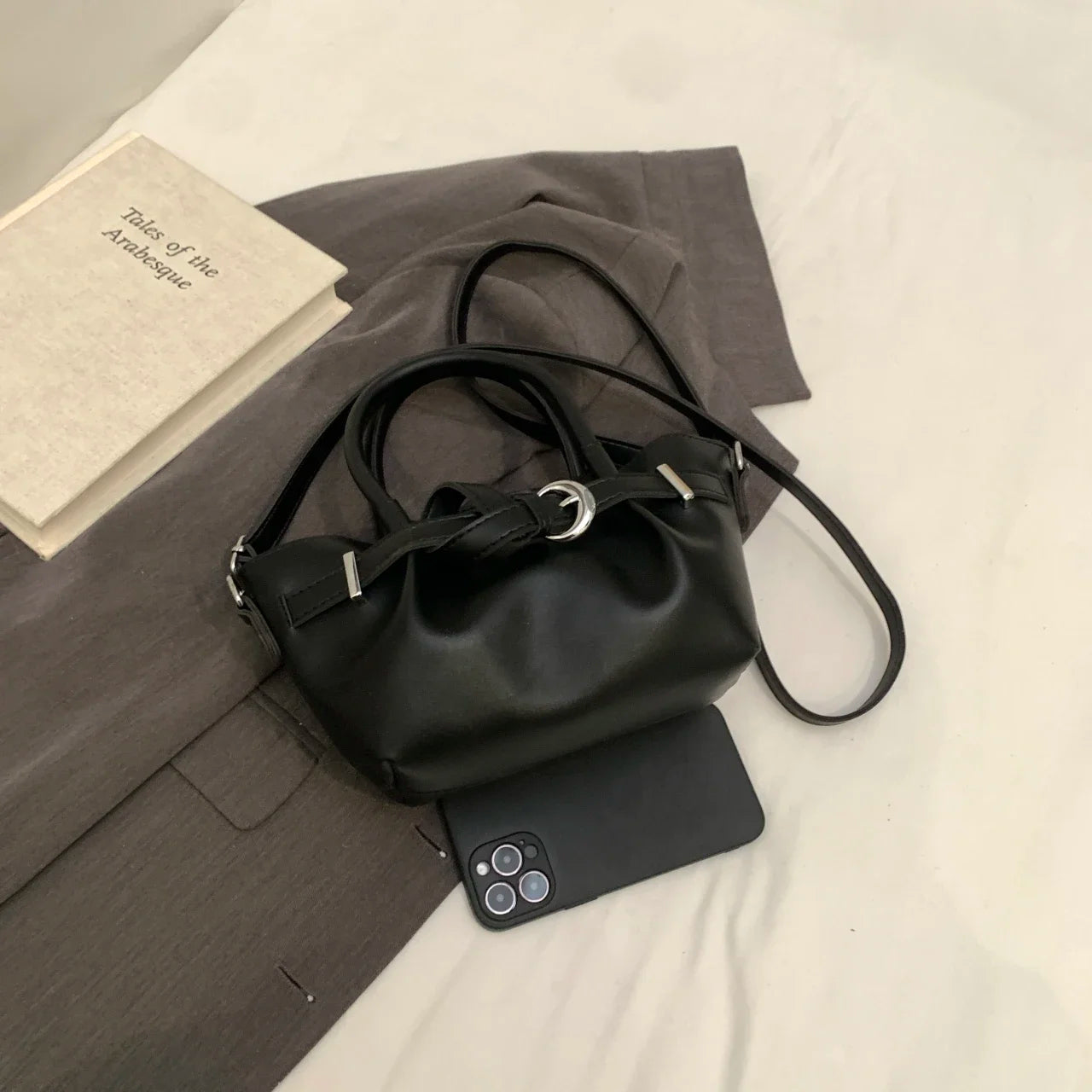 Minimalist Belted Vegan Leather Tote – Chic Top-Handle Mini Bag