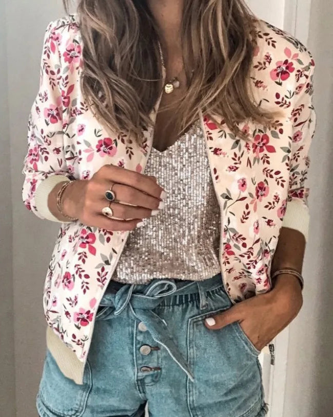 Women’s Floral Print Lightweight Bomber Jacket