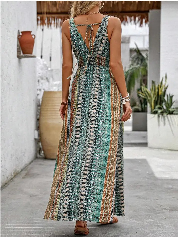 Tribal Print V-Neck Slit Maxi Dress