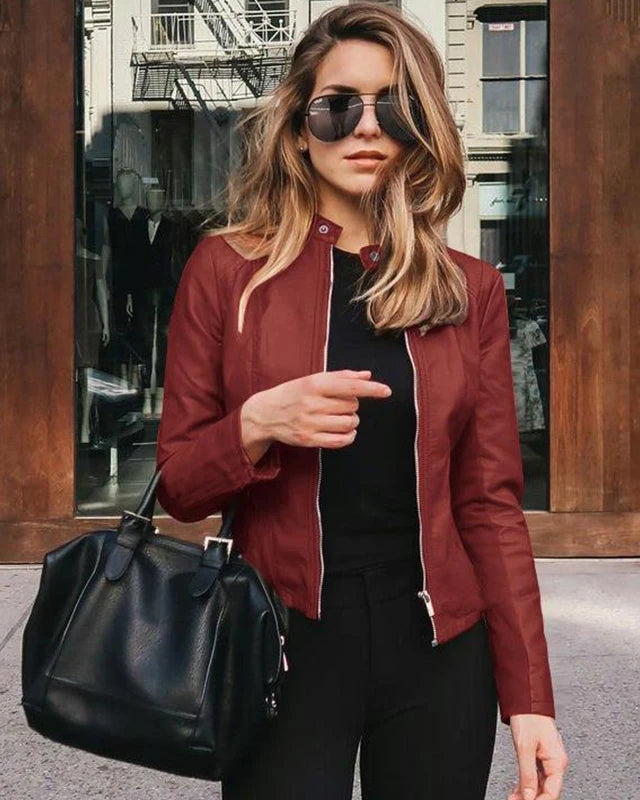 Classic Cognac Faux-Leather Moto Jacket