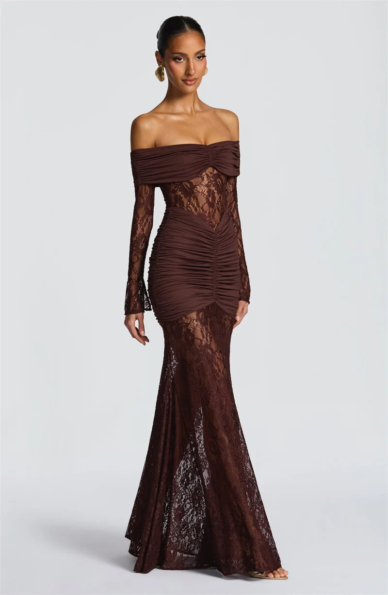 Lace & Ruched Off-The-Shoulder Evening Gown