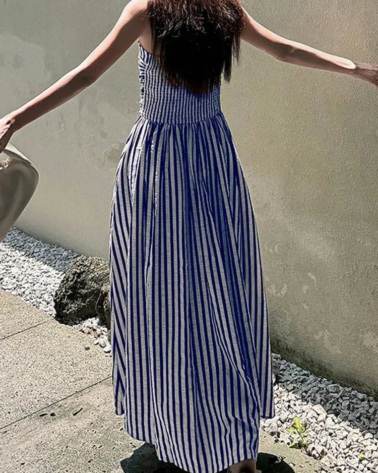 Riviera Striped Maxi Dress – Nautical Camisole Sundress with Ruffle Hem