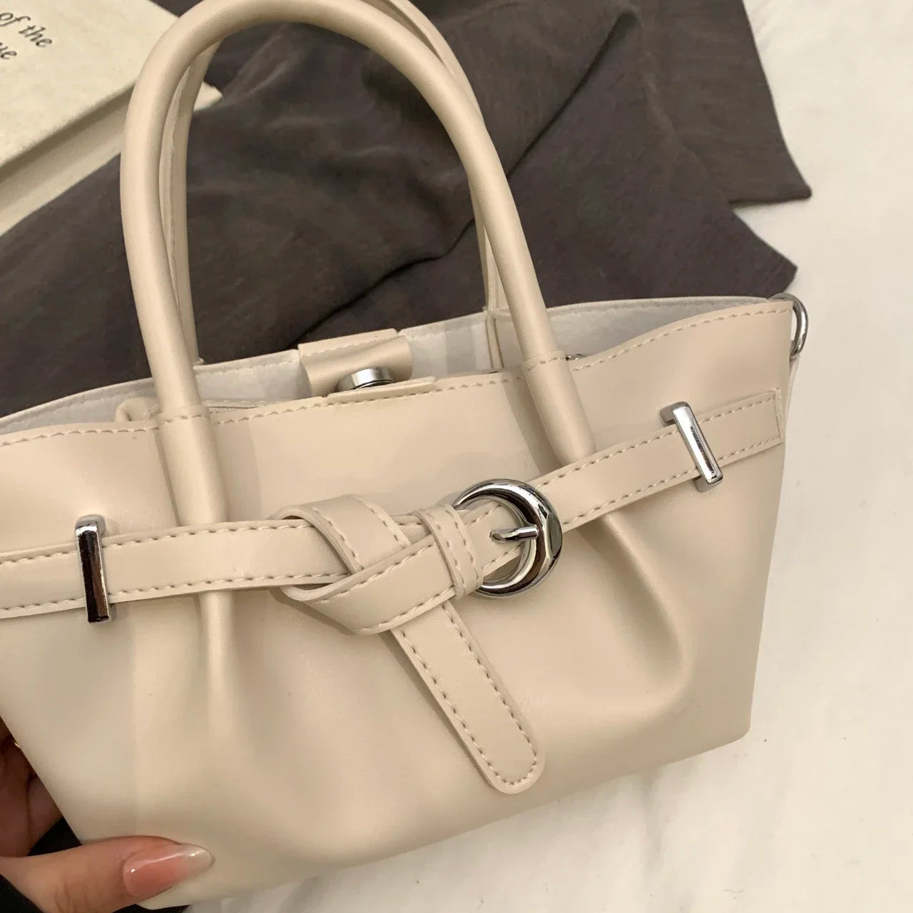 Minimalist Belted Vegan Leather Tote – Chic Top-Handle Mini Bag