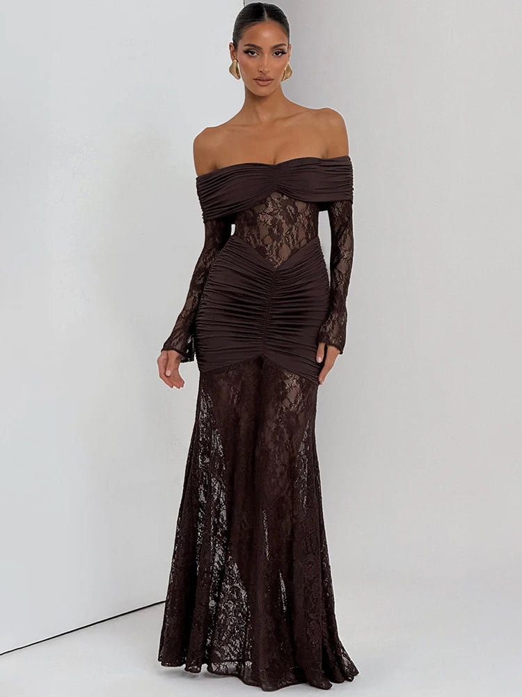 Lace & Ruched Off-The-Shoulder Evening Gown