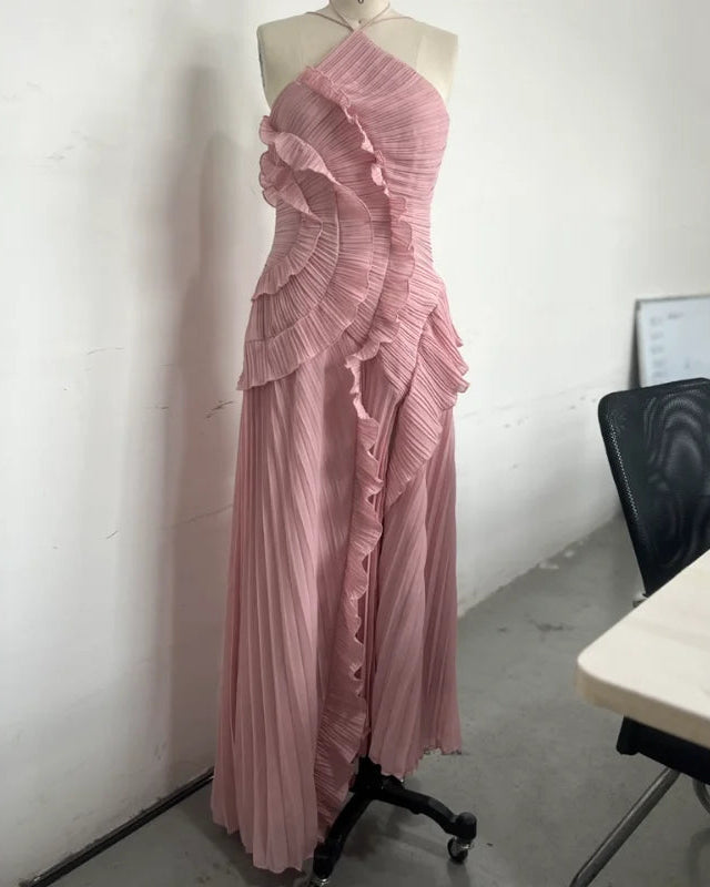 Pleated Ruffle Halter Gown