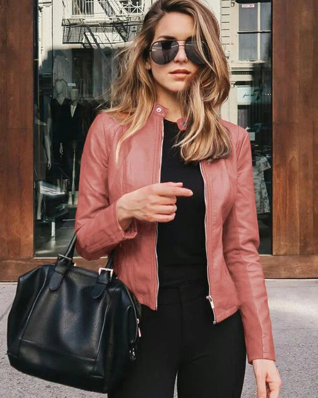 Classic Cognac Faux-Leather Moto Jacket